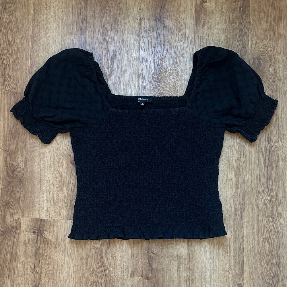 Madewell 100% Cotton Lucie Puff-Sleeve Smocked Bodice Top in‎ Black Size Small